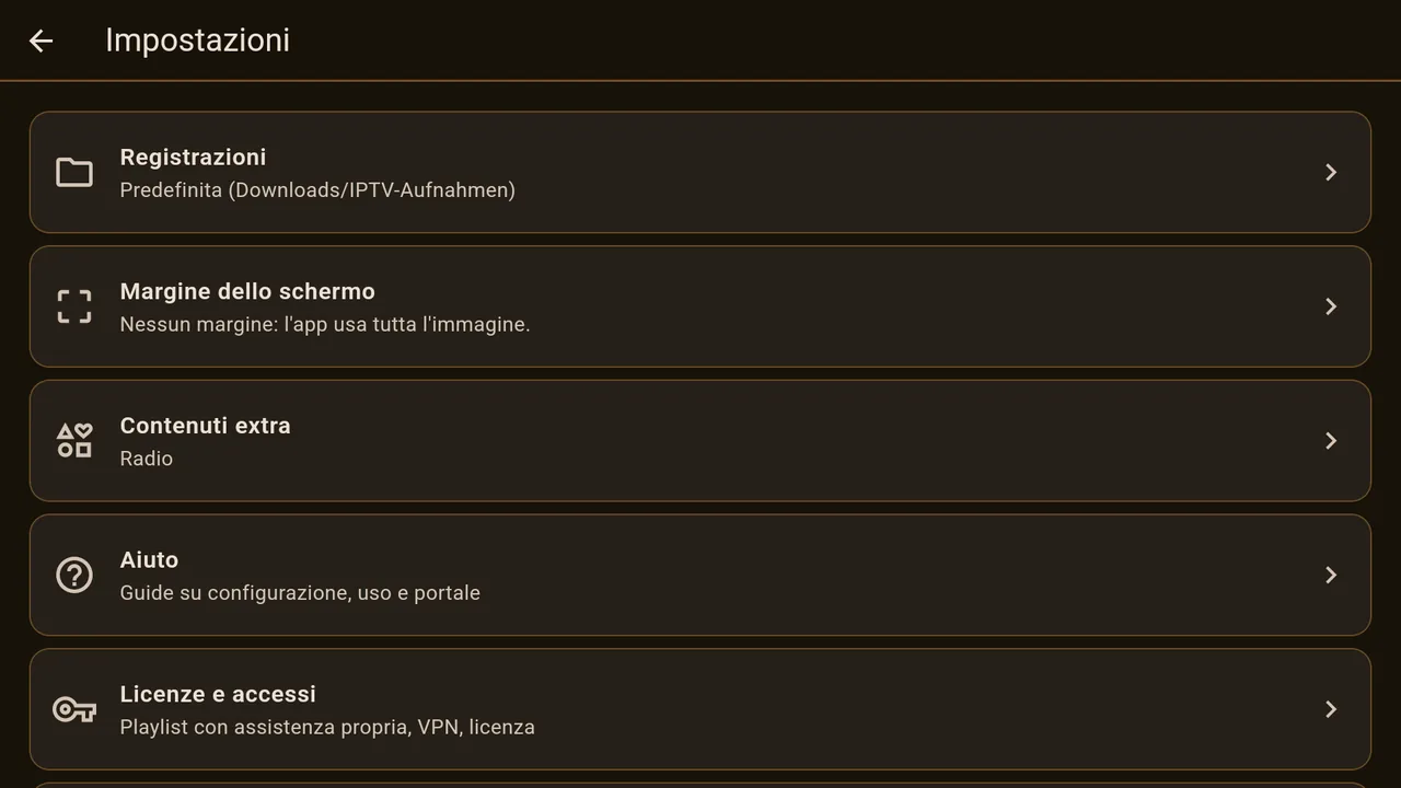 Le impostazioni, parte superiore.
