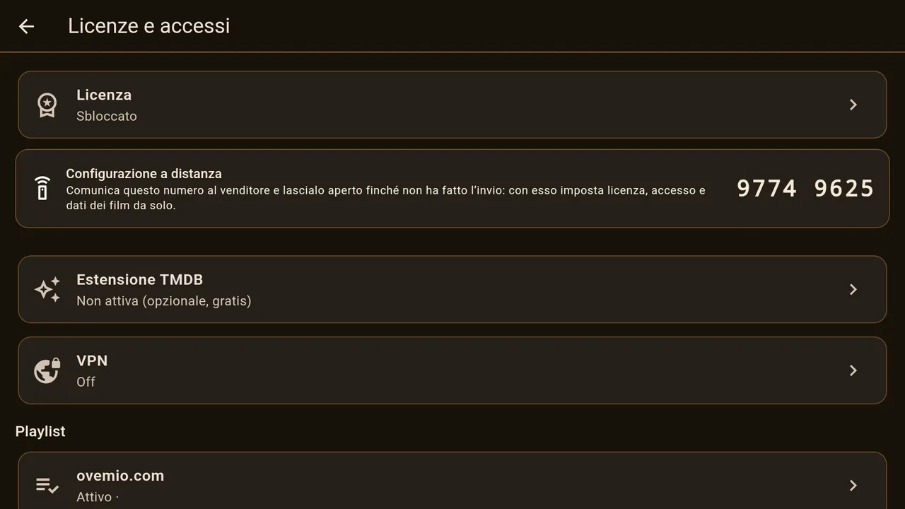 Licenza, configurazione a distanza, TMDB, VPN e le tue liste.